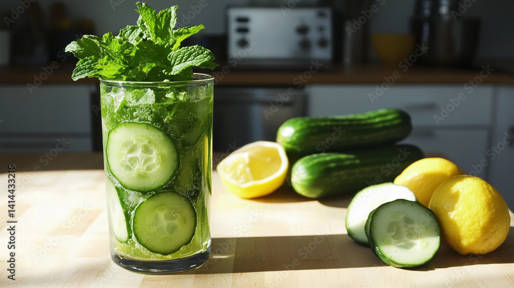 Refreshing detox drink with mint and cucumber on a kitchen counter Generative AI