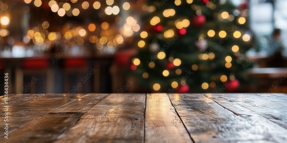 Wooden table with blurred Christmas tree and festive lights in background Wooden table with blurred Christmas tree and festive lights in background