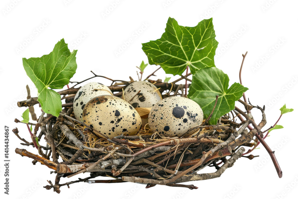 Obraz premium Quail eggs nestled in a rustic nest surrounded by natural greenery and twigs