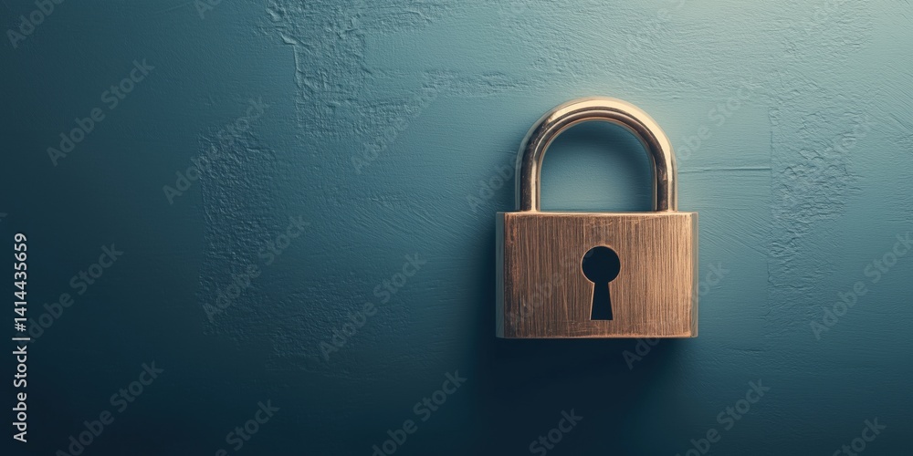Fototapeta premium Vintage brass padlock on textured blue background for security and protection themes