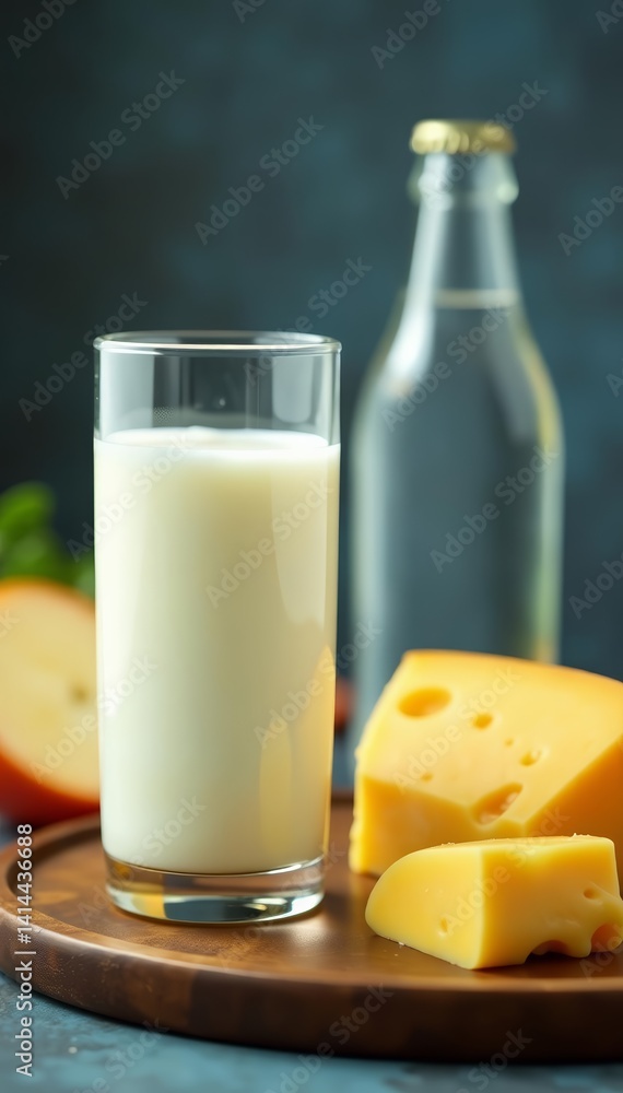 A close-up of a glass of milk, a bottle of water, and a plate of cheese, dairy products, calcium A close-up of a glass of milk, a bottle of water, and a plate of cheese, dairy products, calcium