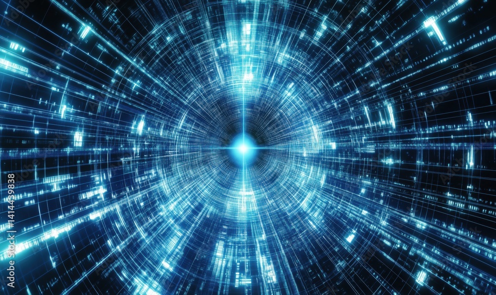 Futuristic digital tunnel with glowing blue lines and data streams Futuristic digital tunnel with glowing blue lines and data streams