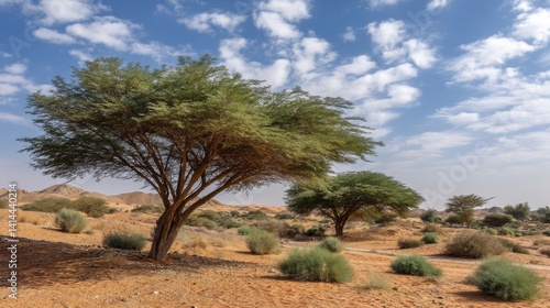 Scattered  weathered acacia trees amidst the dunes  a characteristic feature of the desert landscape - sun dry vegetation