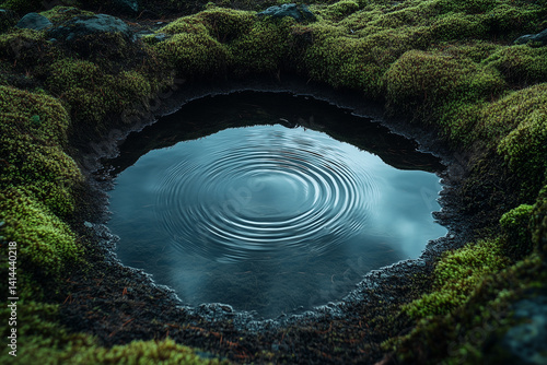 Wallpaper Mural A small puddle of water surrounded by green moss, with ripples emanating from the center. The reflection of the sky is visible in the water, creating a peaceful and serene atmosphere  Torontodigital.ca