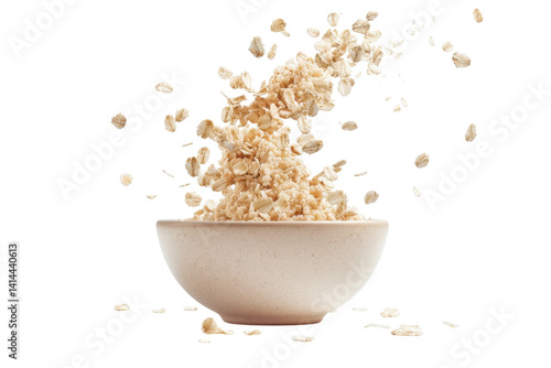 Fluffy oats cascaded gracefully into a simple bowl against a bright white backdrop