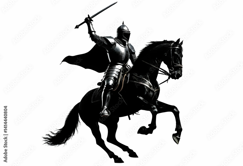 Fototapeta premium A dramatic black silhouette of a medieval knight in armor riding a rearing horse, holding a raised sword or lance. 