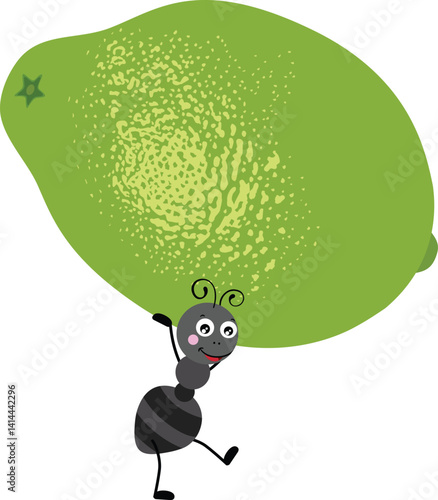 Cute ant carrying a green lemon