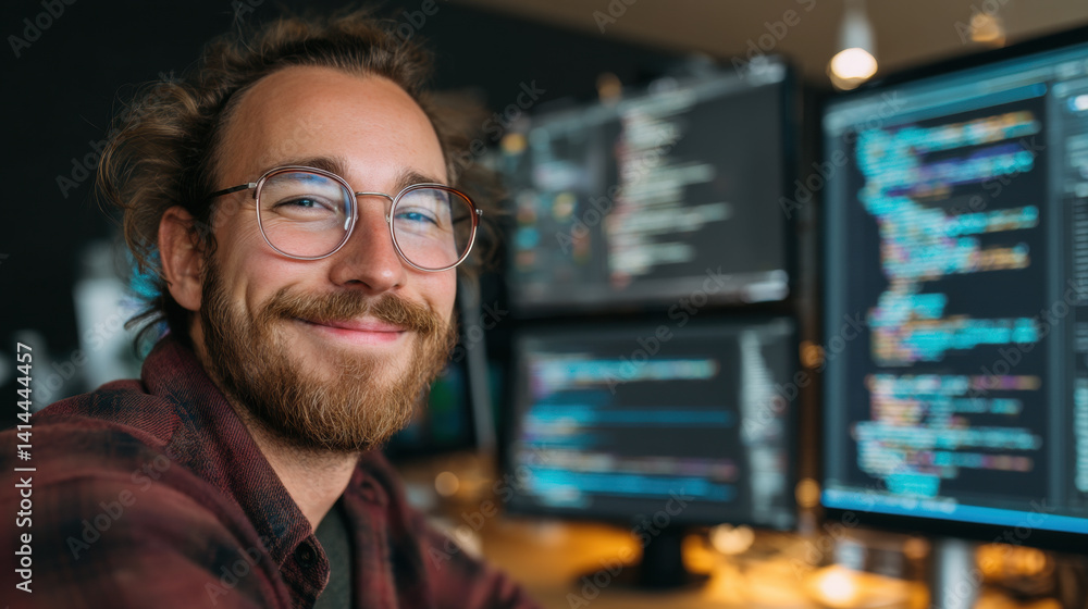 Smiling software developer with code on screen, modern workspace Smiling software developer with code on screen, modern workspace