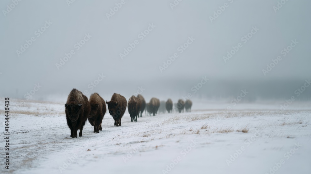 Naklejka premium Bison march through a snowy landscape, enveloped in mist, showcasing the serenity and resilience of wildlife in winter's embrace.