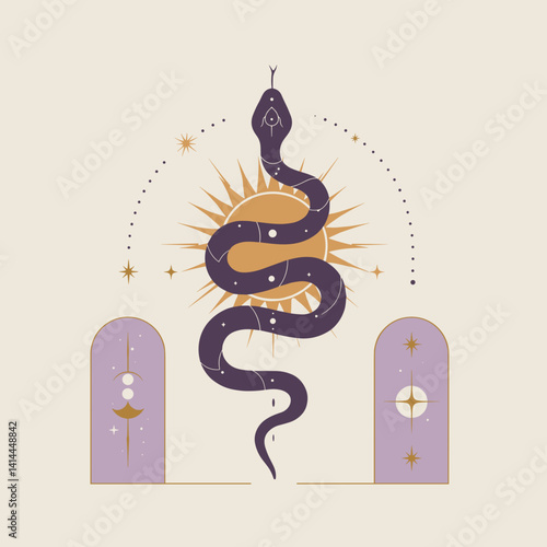 Snake illustration with celestial elements in a mystical style  