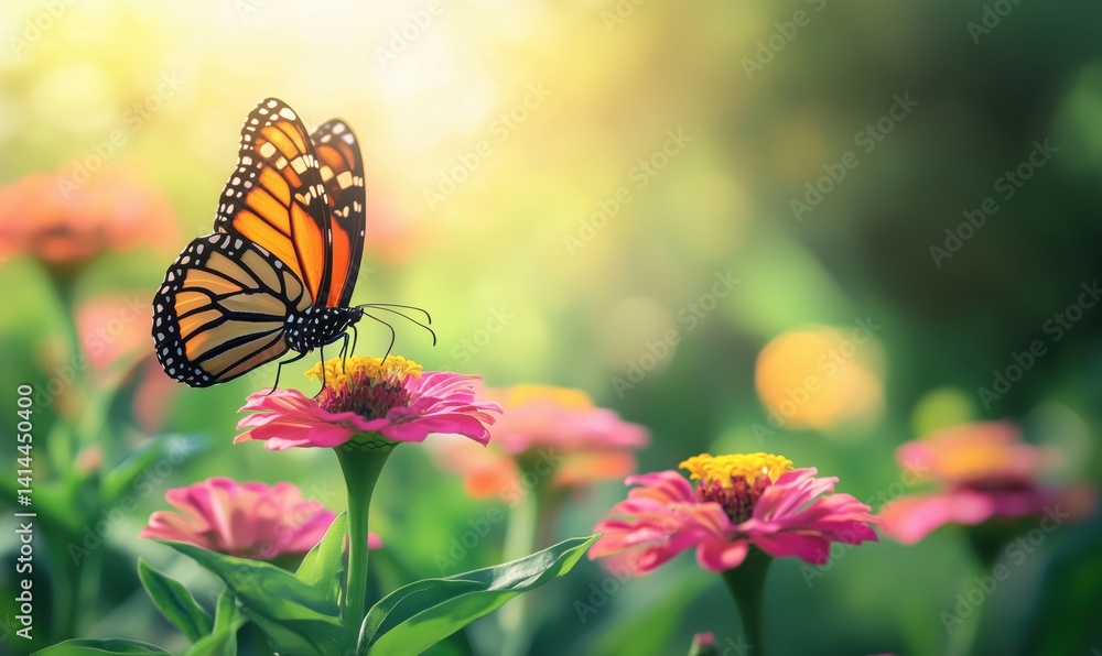 Fototapeta premium Monarch butterfly perched on vibrant pink flowers in a sunlit garden setting