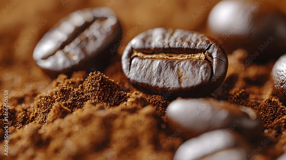 Close-up of coffee powder and coffee beans Close-up of coffee powder and coffee beans