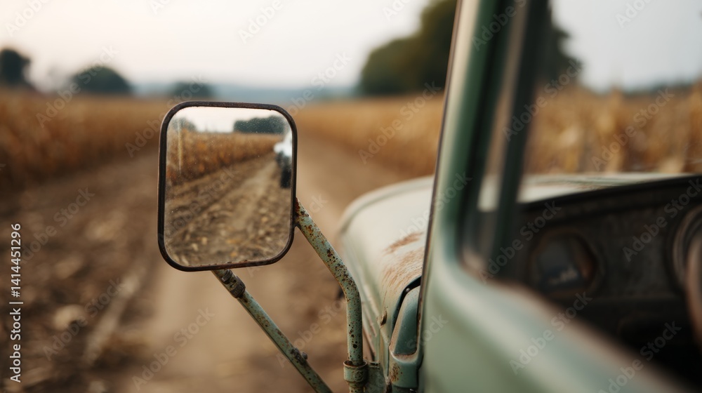 A rustic side mirror of a vintage truck reflects endless cornfields, capturing rural charm and nostalgia.