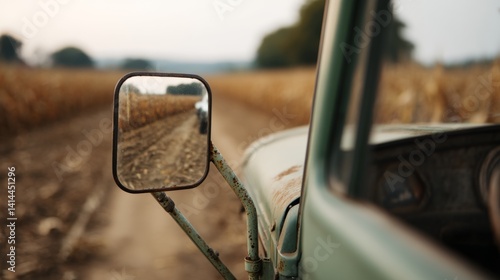 Obraz na płótnie A rustic side mirror of a vintage truck reflects endless cornfields, capturing rural charm and nostalgia. w salonie