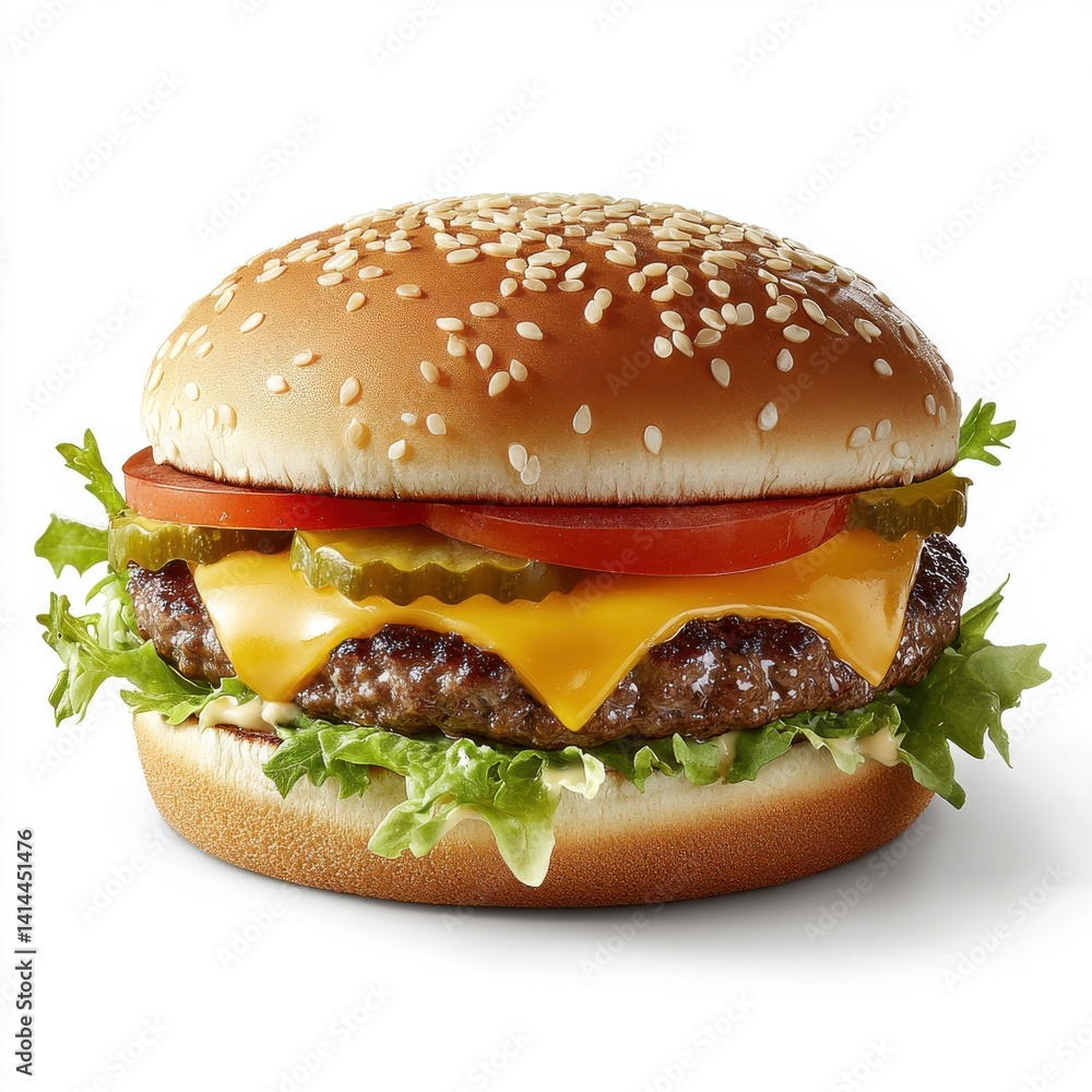 A cheeseburger with lettuce tomato and pickles on a sesame bun isoleted on white background A cheeseburger with lettuce tomato and pickles on a sesame bun isoleted on white background