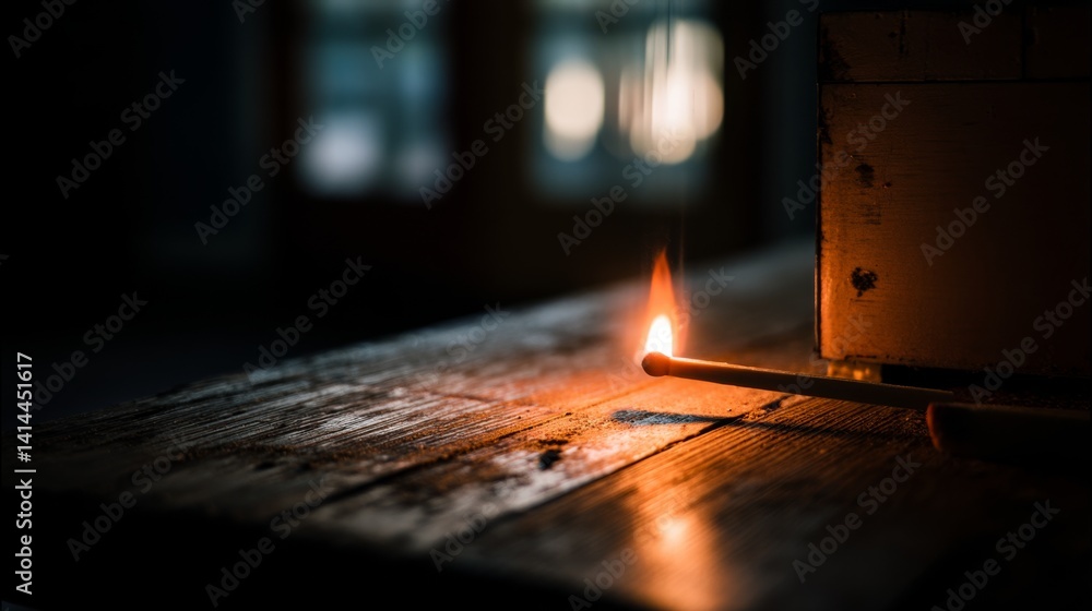 A single lit match on a rustic wooden table, casting a warm glow, evoking nostalgia and simplicity. A single lit match on a rustic wooden table, casting a warm glow, evoking nostalgia and simplicity.