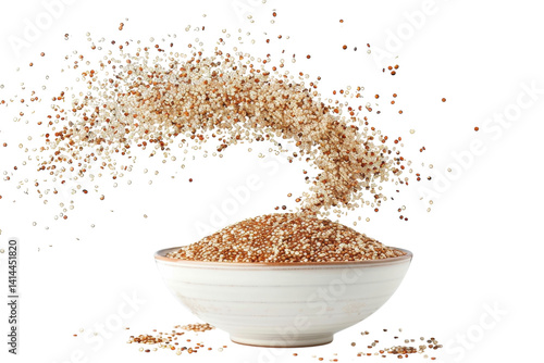 A vibrant explosion of mixed grains cascades gracefully from a bowl in bright, natural light