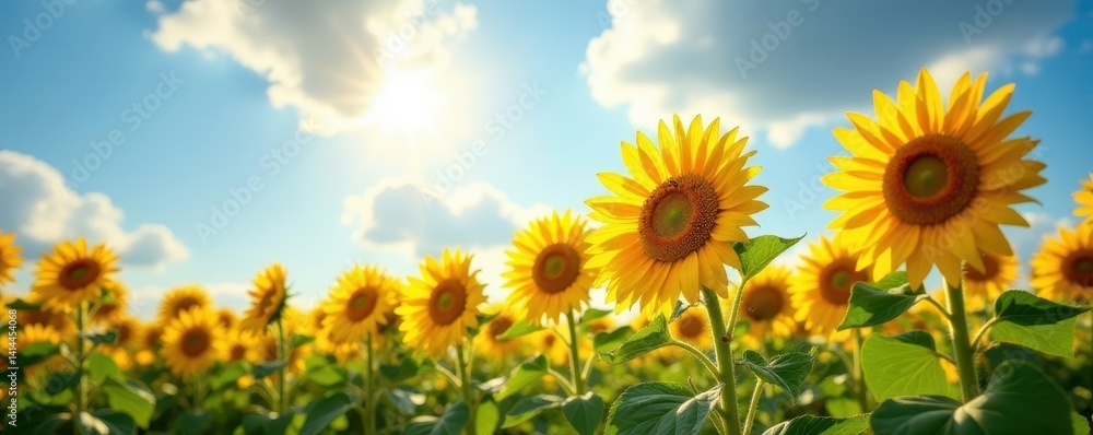 Sun-drenched sunflowers stretching towards a cloudless sky , agriculture, blue, summer Sun-drenched sunflowers stretching towards a cloudless sky , agriculture, blue, summer