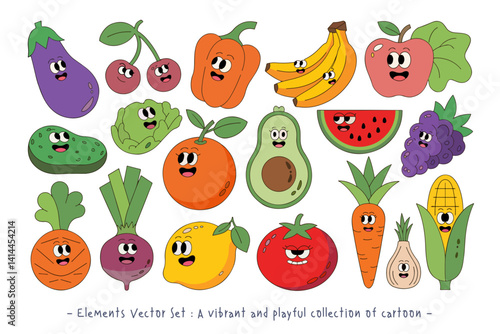 A collection of whimsical cartoon fruits and vegetables with happy faces, including eggplant, cherries, pepper, bananas, apple, pickle, lettuce, orange, avocado, watermelon, grapes, carrot, beet, leek