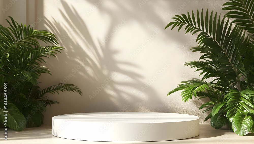 A serene setting featuring a round pedestal surrounded by lush green plants, casting beautiful shadows on a softly-lit wall, perfect for displays. A serene setting featuring a round pedestal surrounded by lush green plants, casting beautiful shadows on a softly-lit wall, perfect for displays.