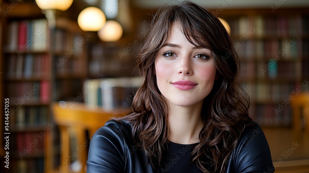 Beautiful woman with a warm smile in a library portrait Beautiful woman with a warm smile in a library portrait