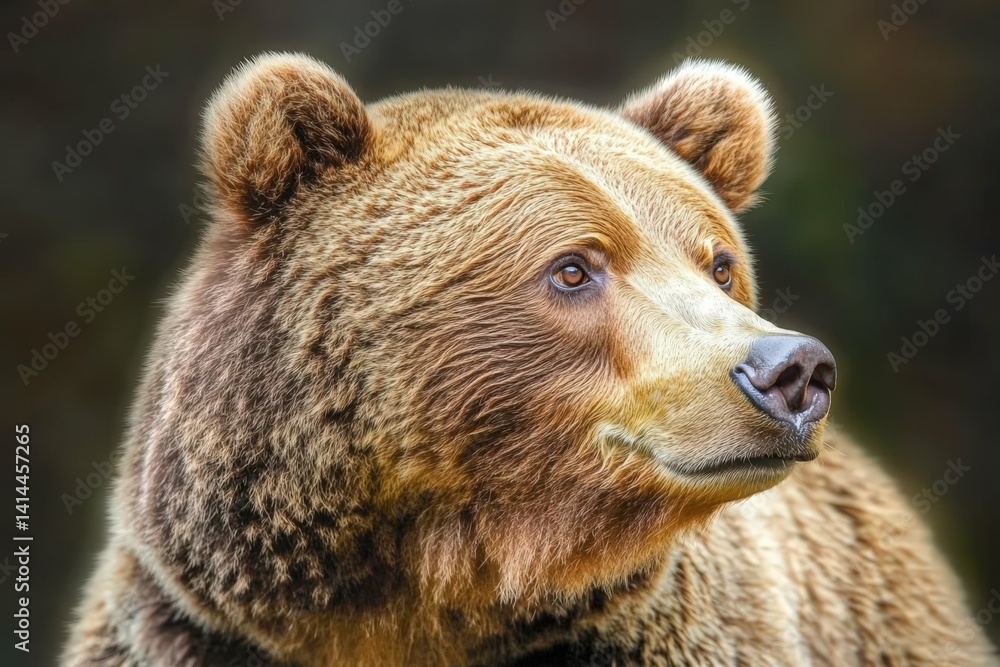 Obraz premium a photo-realistic grizzly bear portrait illustration with depth of field and beautiful bokeh in dramatic lighting at dawn. Beautiful simple AI generated image