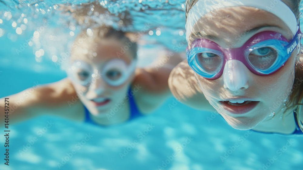Naklejka premium Young girl practicing swimming techniques with guidance in clear blue pool
