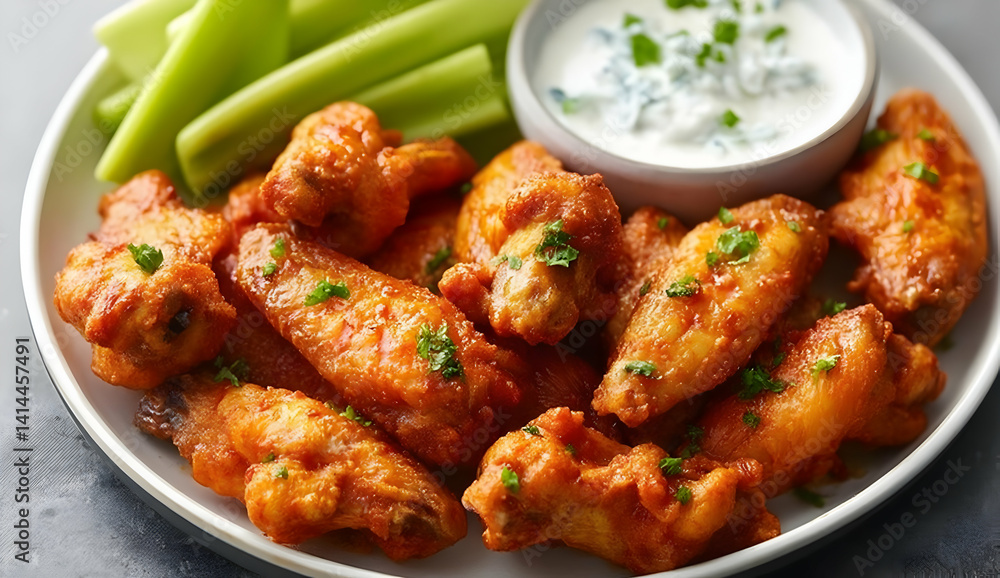 A delicious plate of crispy chicken wings served with fresh celery sticks and a creamy dipping sauce. Perfect for parties and game day gatherings. A delicious plate of crispy chicken wings served with fresh celery sticks and a creamy dipping sauce. Perfect for parties and game day gatherings.