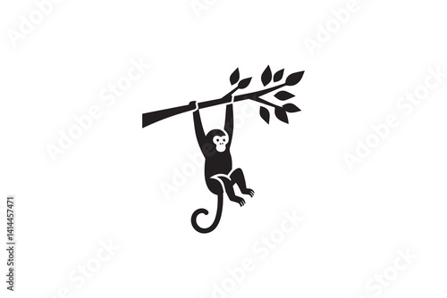 A monkey hanging on a tree vector silhouette isolated in white background 
