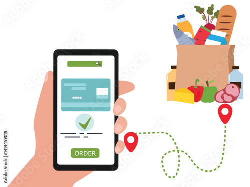 Hand holding smartphone doing online shopping buying  grocery product from online store and doing payment through debit or credit card. vector illustration