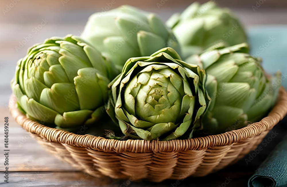 Obraz premium A fresh, vibrant display of green artichokes arranged in a woven basket, perfect for showcasing healthy eating and seasonal produce in culinary photography.