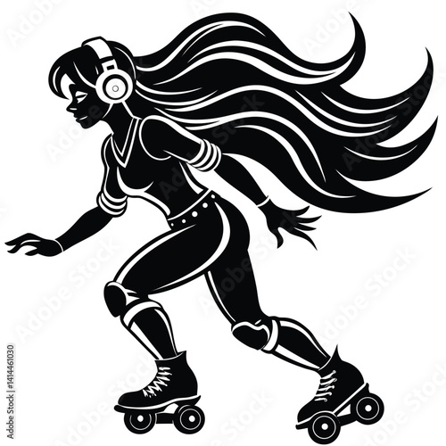 Silhouette of a Woman on Roller Skates with Headphones: Retro Style Illustration for Sports, Recreation, and Fitness Themes