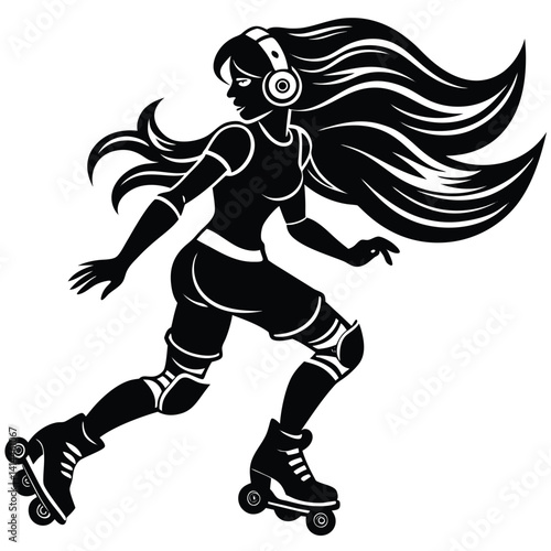 Roller Skating Girl Vector: Black and White Silhouette of Woman with Headphones & Knee Pads, Retro Style Illustration for Skateboarding Graphics