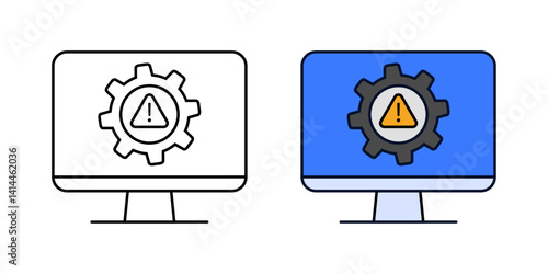Cyber incident response icon in outline and color style, featuring a monitor with a gear and warning sign to represent IT alerts and security breach handling.