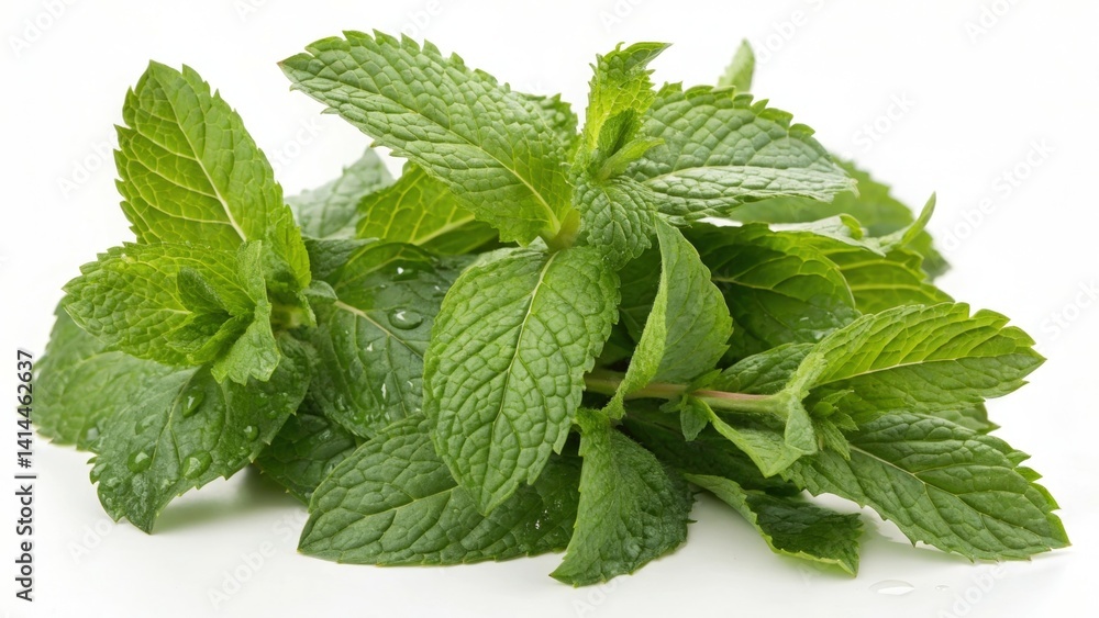 Fresh mint leaves arranged artistically on a white background showcasing their vibrant green color and texture Fresh mint leaves arranged artistically on a white background showcasing their vibrant green color and texture