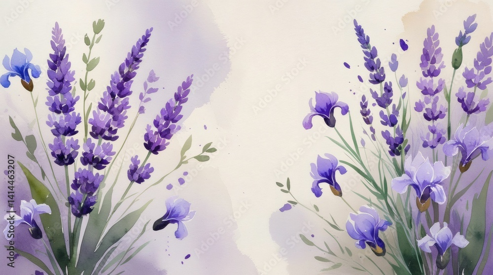 Naklejka premium Purple Lavender Florals on Textured Watercolor Wash Background
