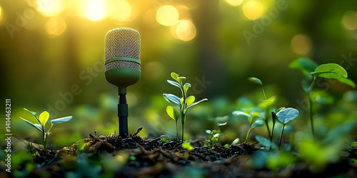 A microphone stands in a lush green setting, surrounded by young plants, symbolizing the connection between nature and sound in a serene environment.