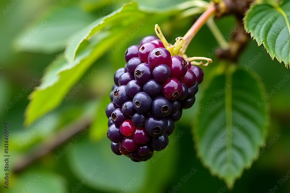 Assorted ripe berries and grapes on branches in a vineyard setting during harvest season Assorted ripe berries and grapes on branches in a vineyard setting during harvest season