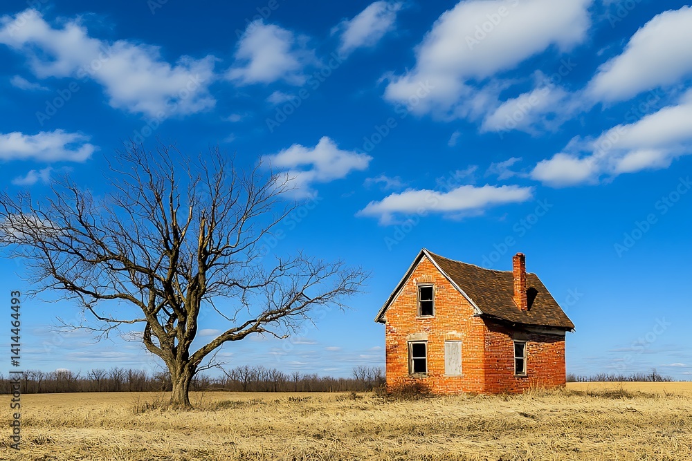 Desolate Countryside House with Worn Red Bricks and Leafless Tree. Desolate Countryside House with Worn Red Bricks and Leafless Tree.