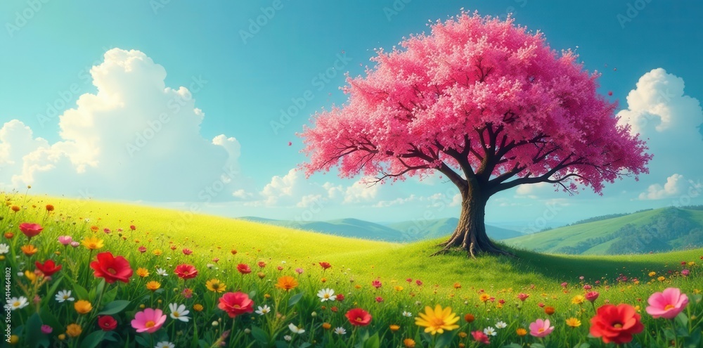 Single flowering tree centerpiece, wildflower meadow panorama from above , natural beauty, flowering Single flowering tree centerpiece, wildflower meadow panorama from above , natural beauty, flowering
