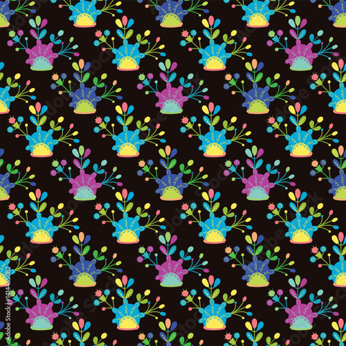 Seamless pattern with bright floral elements on black background. 