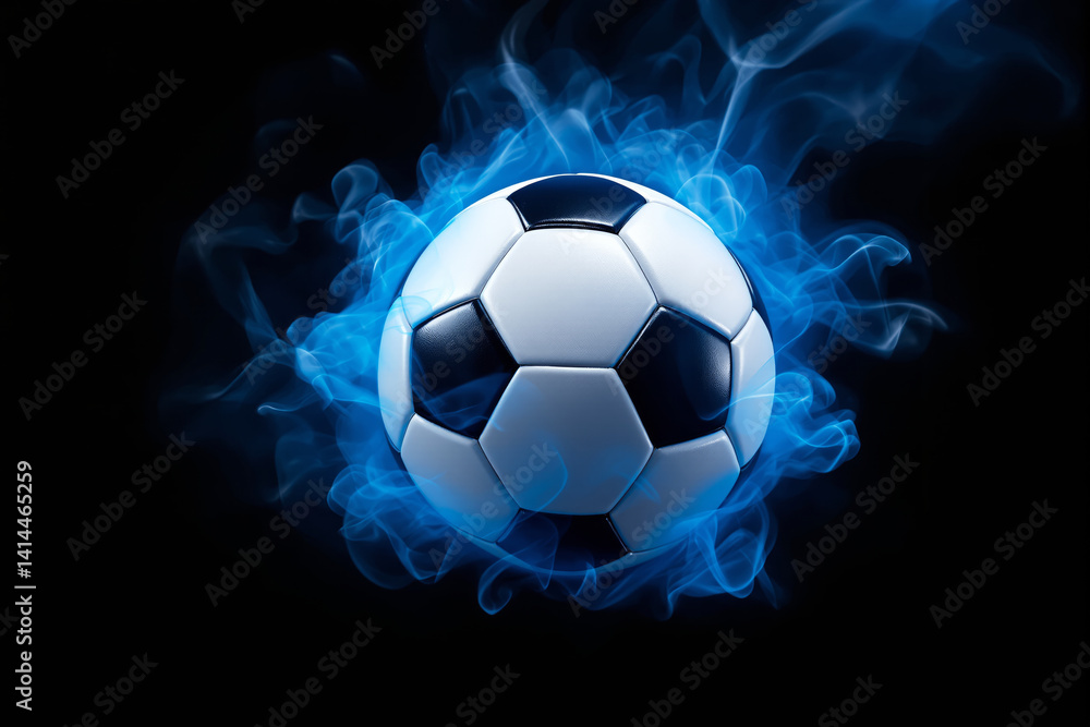 Fototapeta premium Soccer ball with blue smoke effect around it, digital style, on dark background, concept of dynamic sport energy and passion. Ai generative