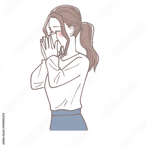 鼻を噛んでいる女性のイラスト