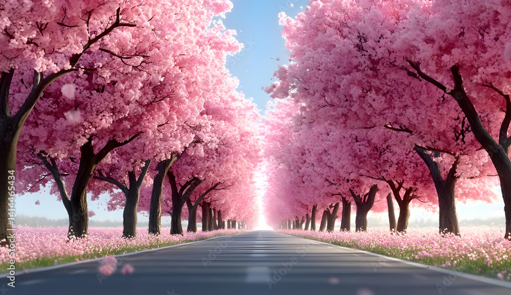 Naklejka premium A picturesque view of a cherry blossom avenue, lined with vibrant pink trees under a clear blue sky, creating a serene and enchanting atmosphere.
