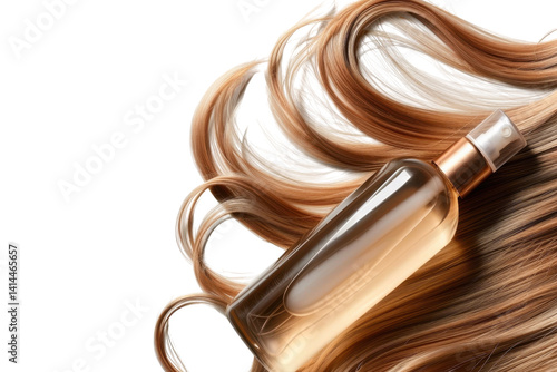 Luxurious golden hair care elixir artfully arranged with flowing strands on soft background