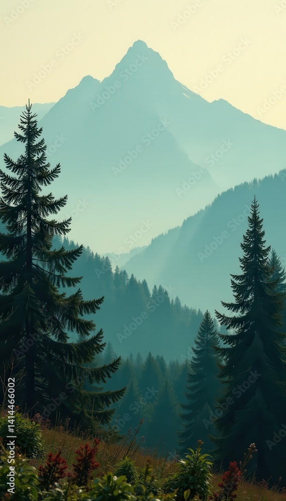 Fototapeta premium Vintage-toned photo, misty mountain fir forest, scenic, film, misty