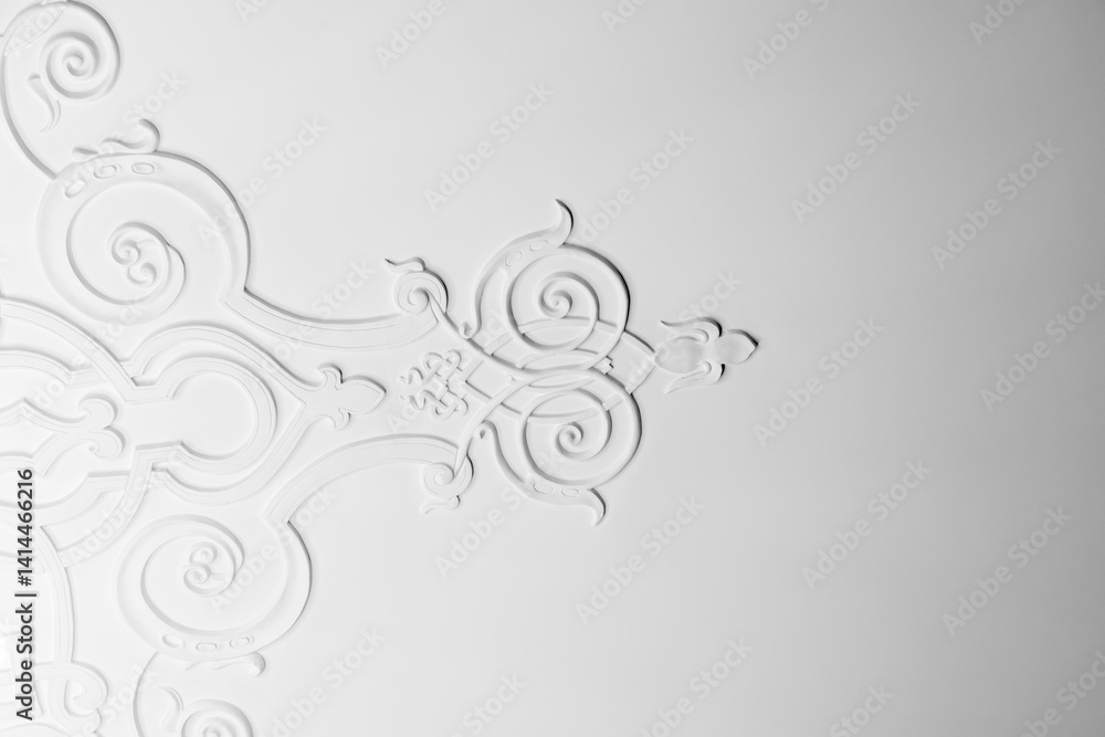 White ceiling plaster relief showcasing elegant floral and ornament