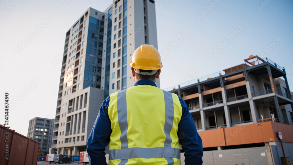 Construction Worker Overseeing Development of New Building Project At Construction Site Construction Worker Overseeing Development of New Building Project At Construction Site