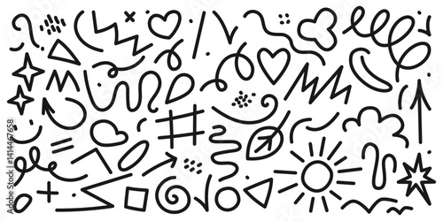 Swirls, Stars, Circles, Hearts, signs, Dots, ticks and Wavy lines. Naive playful abstract linear shapes, forms with editable strokes. Vector illustration isolated on white background