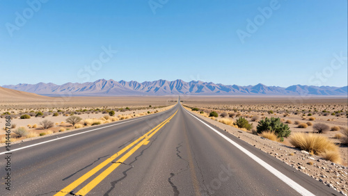 Desert Road Under a Clear Blue Sky Leading to Distant Mountain Peaks on the Horizon Landscape
